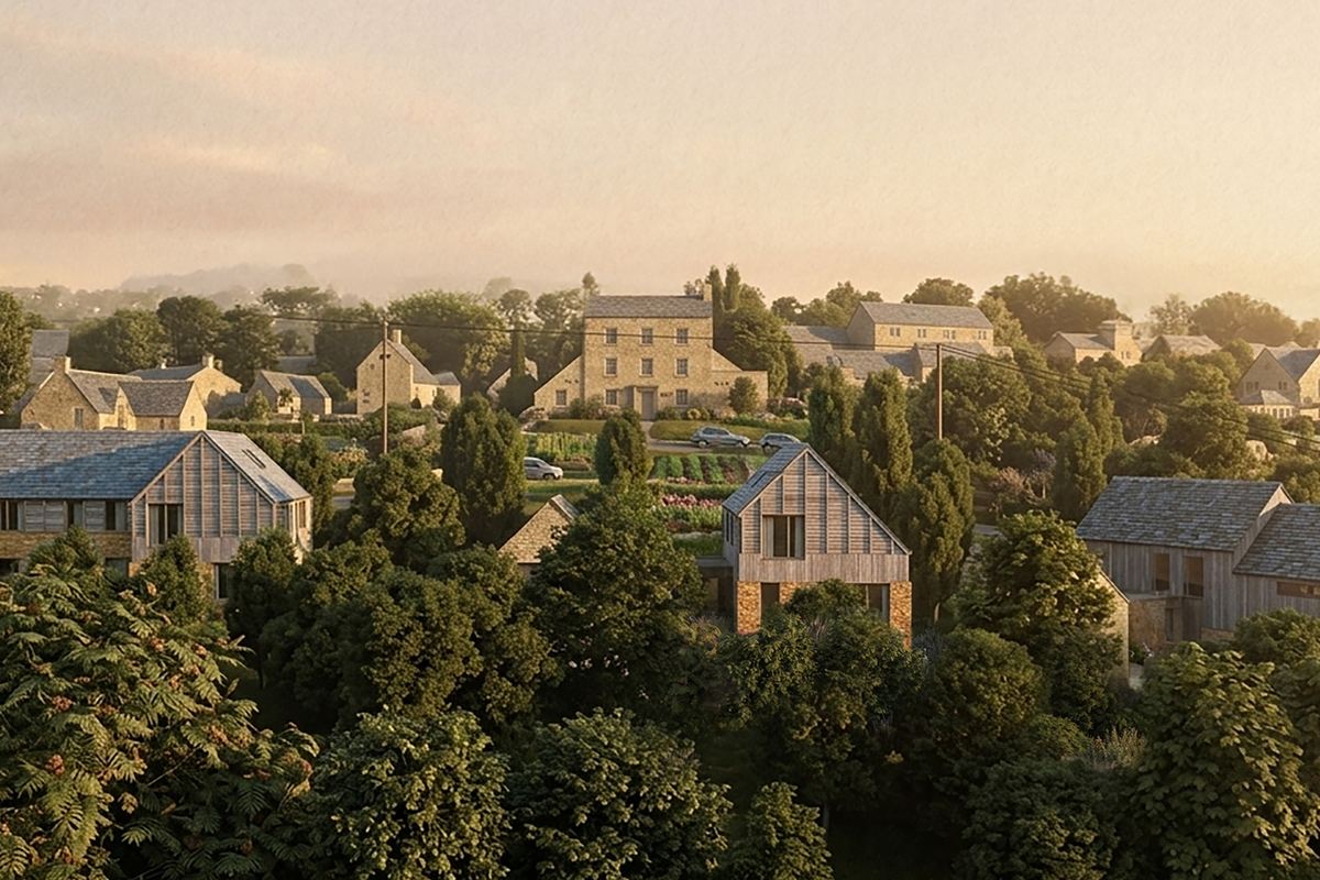 Windsor Edge visual of three timber and stone self-build homes among trees on a Nailsworth hillside